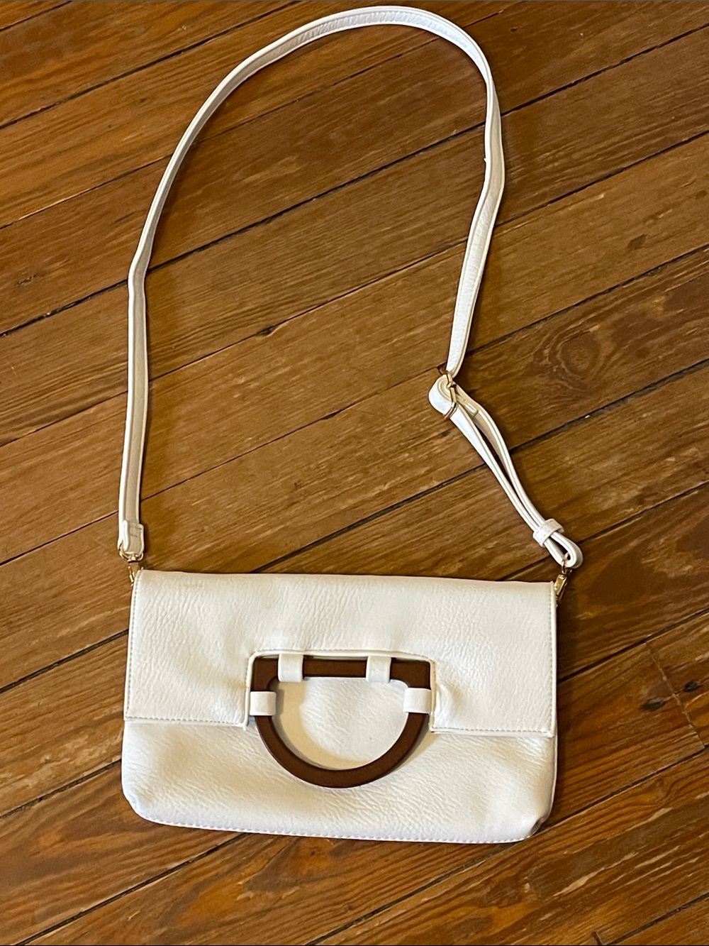 White Crossbody Shoulder Bag with Brass and wood accents KAARI blue